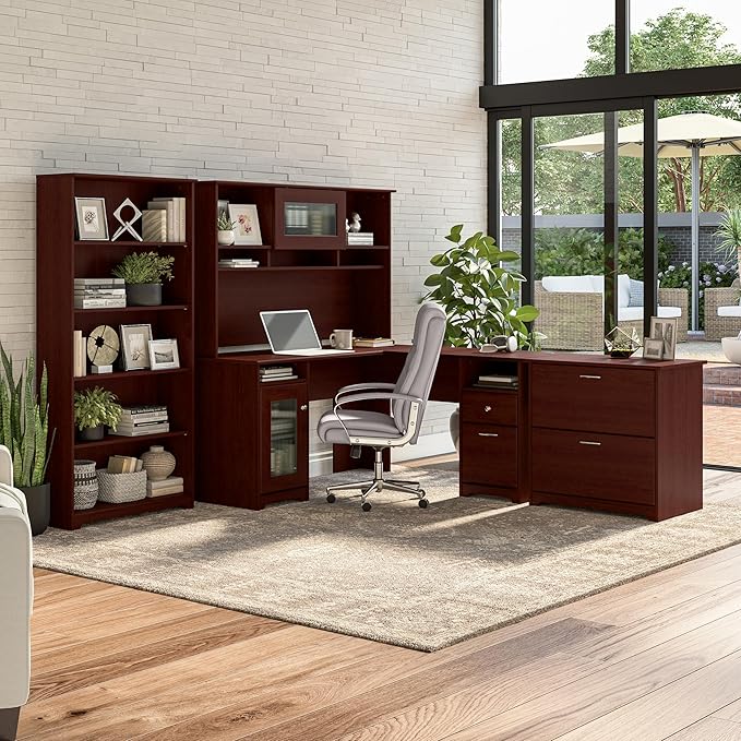 Bush Furniture Tall 5 Shelf Bookcase, Large Open Bookshelf, Sturdy Display Cabinet for Living Room or Home Office, Cabot Collection, Harvest Cherry