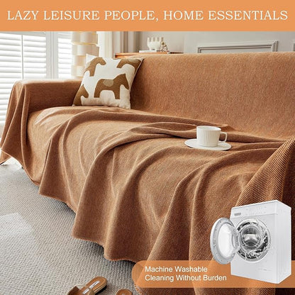 STACYPIK Burnt Orange Chenille Couch Cover, Modern Tangerine Sofa Covers for 3 Cushion Couch, Lovetseat Cover for Sectional, Non Slip L Shaped Covers Pets-Scratch Sofa Slipcover with Tassels-91X150IN