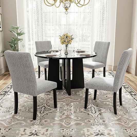 Merax 5-Piece Round Dining Table Set, Modern 4 Upholstered Chairs for Living,Kitchen Room, 43 Inch, Grey+Black