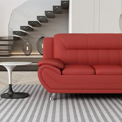 Container Furniture Direct Michael Modern Faux Leather Upholstered Stainless Steel Legs Living Room Sofa, Persian Red