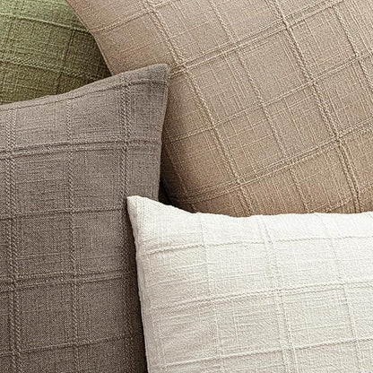 Foindtower Set of 2 Decorative Linen Check Throw Pillow Covers Neutral Farmhouse Vintage Cushion Covers Modern Coastal Boho Home Decor For Sofa Chair Couch Bedroom Living Room Outdoor,16×16 Inch,Camel
