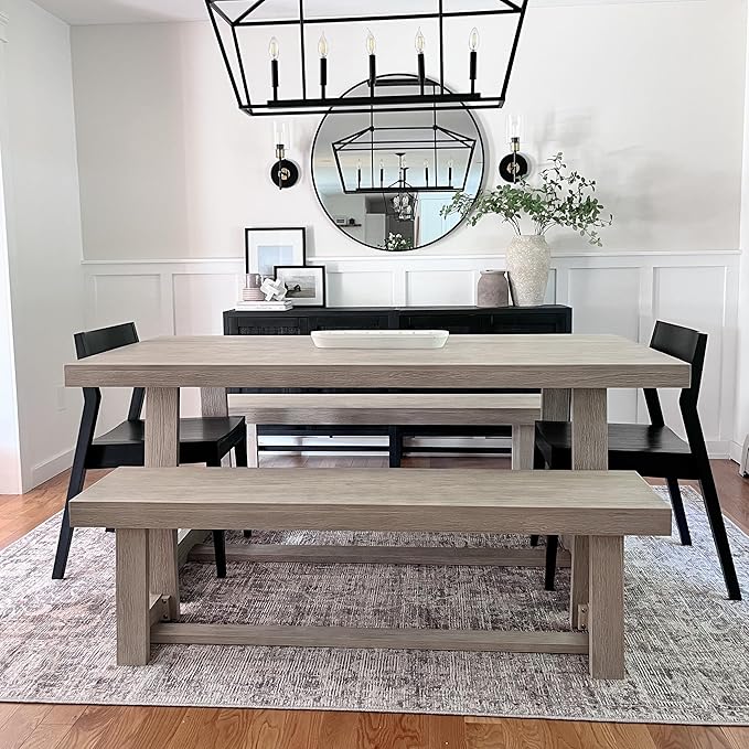 Plank+Beam 72 Inch Farmhouse Dining Table, Solid Wood Rustic Kitchen Table, Large Wooden Rectangular Dinner Table for Dining Room, Home Office, Living Room Furniture, Easy Assembly, Seashell Wirebrush