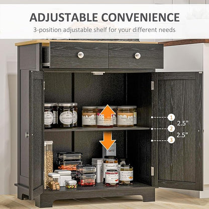 HOMCOM Sideboard with Solid Wood Countertop, Modern Kitchen Storage Cabinet, Coffee Bar Cabinet with 2 Drawers, Doors and Adjustable Shelf, Distressed Black