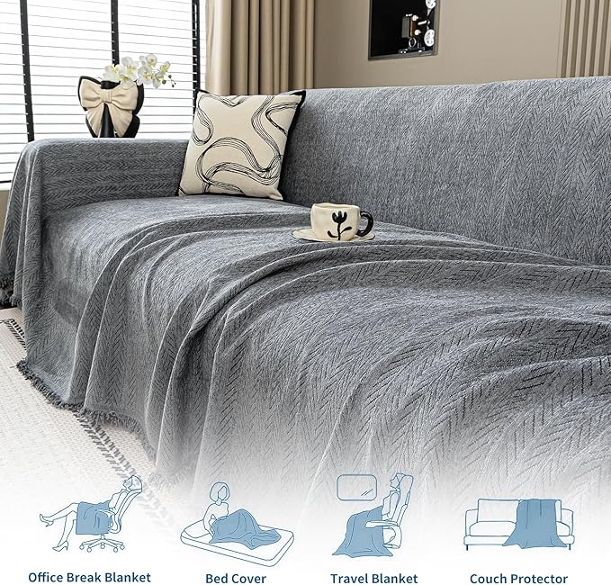 Nobildonna Sofa Cover Washable Soft Thicken Chenille Couch Cover with Tassel,Waterproof Sofa Slipcover for 3-4 Cushion Couch,Sectional Sofa,L-Shaped Furniture Protector Pet-Friendly,Dark Gray 71x150