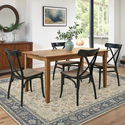 8X10 Area Rugs Machine Washable Rugs for Living Room, Vintage Boho Large Rugs for Bedroom Dining Room, Non Slip Indoor Soft Distressed Lightweight Thin Low Pile Carpet, Ivory Navy Blue