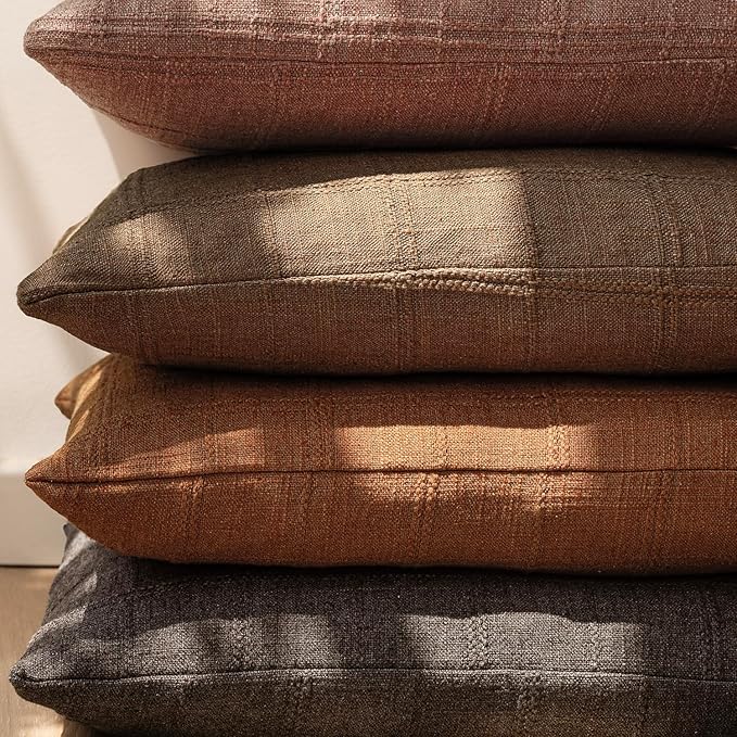 Foindtower Set of 2 Decorative Linen Check Throw Pillow Covers Neutral Farmhouse Vintage Cushion Covers Modern Boho Home Decor for Sofa Chair Couch Bedroom Living Room Outdoor,24×24 Inch,Orange