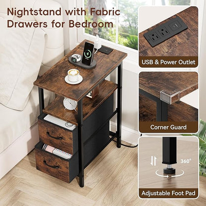 Vagusicc Nightstand with Charging Station and LED Lights, Narrow Side Table, LED Night Stand with 2 Fabric Drawers, Bedside Table with USB Ports and Outlets, Tall Nightstand for Bedroom, Rustic Brown