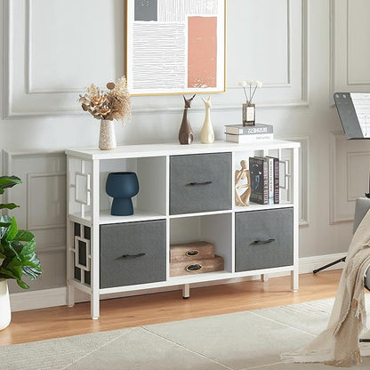 HOMISSUE 6 Cube Storage Organizer Shelf, Rustic Short Bookshelf with 3 Storage Bins, Industrial Horizontal Bookshelf with Metal Frame, Low and Wide Cube Bookcase for Living Room and Office, White