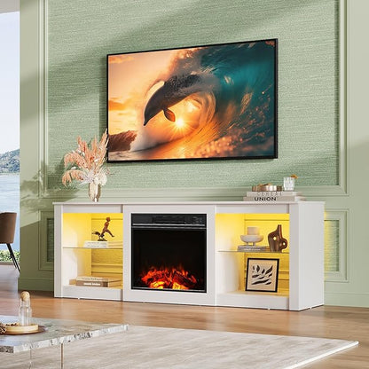WLIVE 58 Inches Fireplace TV Stand with LED Lights, Modern Entertainment Center with 18'' Electric Fireplace & Adjustable Glass Shelves, Sturdy Media Console for Living Room, Bedroom,Gaming (White)