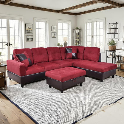 NicBex Sectional Couch 3 Pieces Sofa Set with Left Chaise Flannel PVC L Shaped Cloud Couch for Living Room Furniture Sets with Storage Ottoman, Modular Sofa for Living Room & Apartment, Red+Black