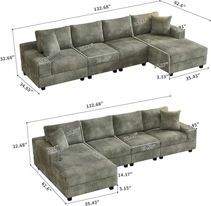Eafurn 132.68" Oversized L Shaped Modular Sectional Sofa Couch with Reversible Chaise Lounge Daybed, Modern Corduroy Upholstered Corner Lounge Couch with Thick Cushions and Headrest