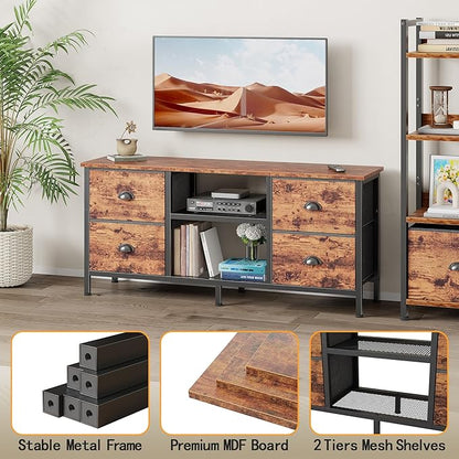 Furologee TV Stand with 4 Drawers, 43 Inch Entertainment Center with Open Shelves, Media Console Table for 50" TV, Television Stand for Bedroom, Living Room/Rustic Brown