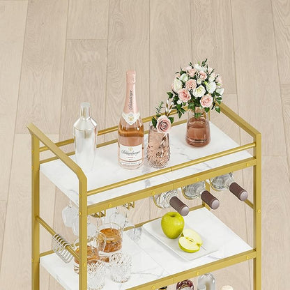 3 Tier Bar Cart, Home Bar Serving Cart with Wheels, Small Rolling Beverage Cart with Glass Holders, Mini Drink Cart with Wine Rack for Kitchen Dining Living Room Gold GBC507G