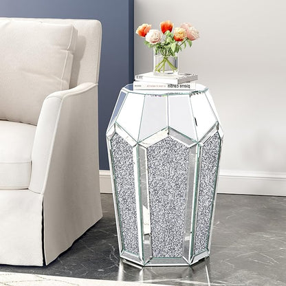 ENENE Mirrored End Table Crystal Diamond Setting Coffee Table Silver Glass Side Table Pedestal Stand for Hallway, Living Room, Corner, Bedroom, Sofa