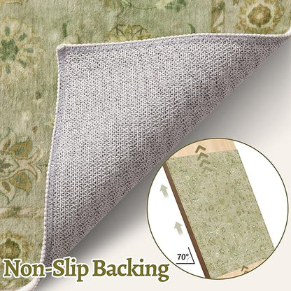 Tangsoo 4x6 Area Rug for Living Room, Washable Floral Vintage Rugs Indoor, Distressed Flaxen Green Carpet for Bedroom, Non Slip Dining Room, Soft Low Pile Rugs Foldable Floor Rug for Dorm Bedside