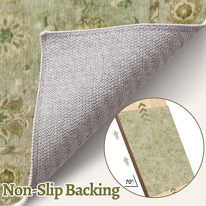 Tangsoo 2x5 Washable Runner Rug for Hallways, Non Slip Floral Vintage Runner Rugs, Soft Low Pile Long Rug, Print Distressed Green Carpet Runners for Kitchen Bedroom Entryway Bathroom Living Room