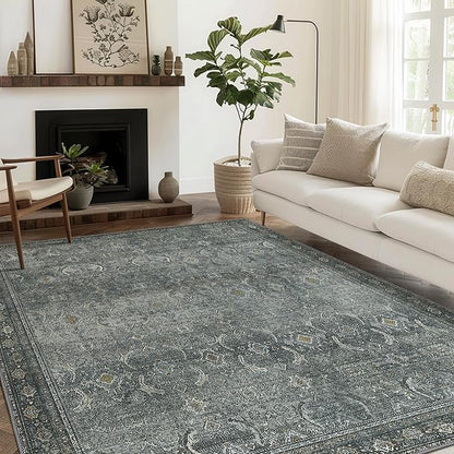 8X10 Area Rugs Machine Washable Rugs for Living Room, Vintage Boho Large Rugs for Bedroom Dining Room, Non Slip Indoor Soft Distressed Lightweight Thin Low Pile Carpet, Slate Grey