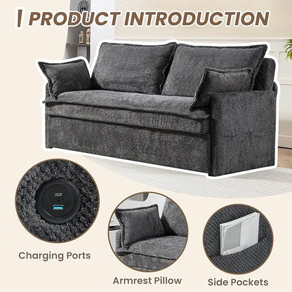 Furnimart 59.5" Queen Size Pull Out Sofa Bed, 3 in 1 Convertible Sleeper Bed with USB/C-Type Charging Ports & Side Pockets, Modern Futon Couch for Living Room, Apartment, RV, Corduroy Dark Grey
