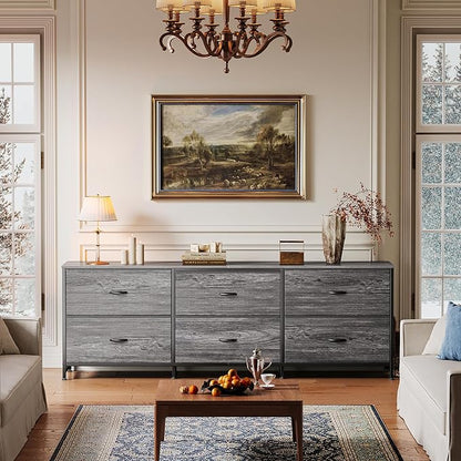 Huuger 63 Inch Long Dresser for Bedroom, Wide TV Stand for 55, 65, 70 Inch TV, 6 Drawer Dresser for Closet with Fabric Drawers, Storage Organizer for Bedroom, Entryway, Grey
