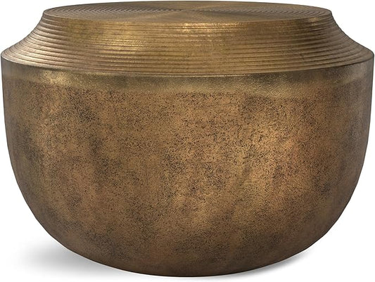 SIMPLIHOME Timmons Coffee Table - 21 inch Wide Cast Aluminum Round Living Room Table in Antique Brass, Industrial Center Table for Compact Spaces with Sculptural Base and Raised Tabletop, Assembled