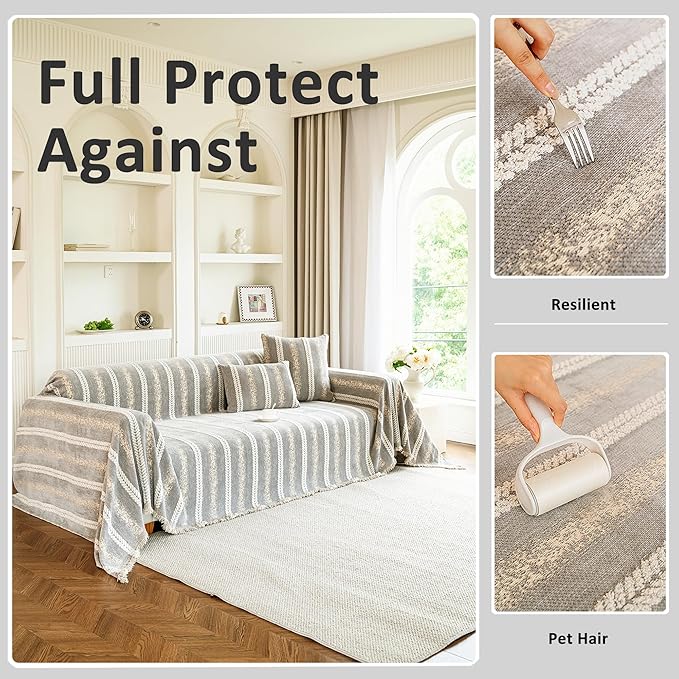 Couch Cover for Dogs Washable Sofa Cover, Sectional Couch Covers, Sofa Covers for 2 Cushion Couch, Non Slip Stripe Sofa Slipcovers Furniture Protector, Couch Protector from Cat Claws, Light,71''x118''