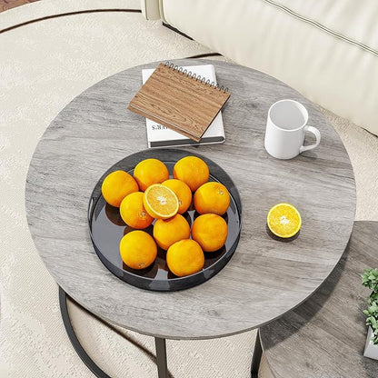 Nesting Round Coffee Table Set of 2 End Tables for Living Room,Grey Coffee Table Wooden Accent Furniture with Metal Frame,Stacking Side Tables,Black+Warm Grey