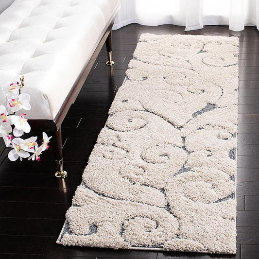 SAFAVIEH Florida Shag Collection Runner Rug - 2'3" x 19', Beige & Blue Grey, Scroll Design, Non-Shedding & Easy Care, 1.2-inch Thick Ideal for High Traffic Areas in Living Room, Bedroom (SG455-1155)