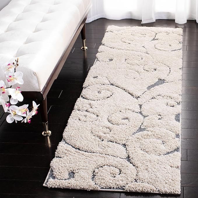 SAFAVIEH Florida Shag Collection Runner Rug - 2'3" x 11', Beige & Blue Grey, Scroll Design, Non-Shedding & Easy Care, 1.2-inch Thick Ideal for High Traffic Areas in Living Room, Bedroom (SG455-1155)