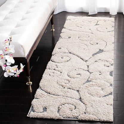 SAFAVIEH Florida Shag Collection Runner Rug - 2'3" x 11', Beige & Blue Grey, Scroll Design, Non-Shedding & Easy Care, 1.2-inch Thick Ideal for High Traffic Areas in Living Room, Bedroom (SG455-1155)