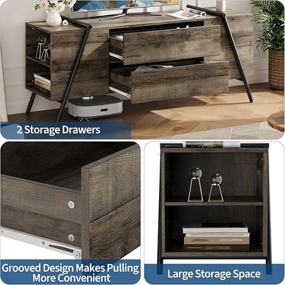 GarveeHome 55" Modern TV Stand, Entertainment Center with 2 Drawers, Adjustable Shelves, U-Shaped Metal Legs, Farmhouse Wooden TV Console for Living Room and Bedroom, Oak