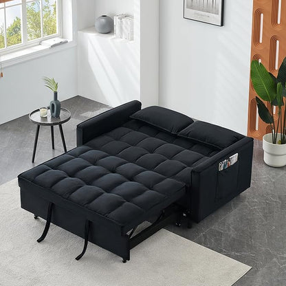 Ball & Cast 55" Convertible Sleeper Sofa Bed,Convertible Pull Out Couch with 2 Pillows,Adjustable Backrest & Side Pocket,Loveseat Futon Sofa Bed for Living Room,Apartment,Velvet Fabric,Black