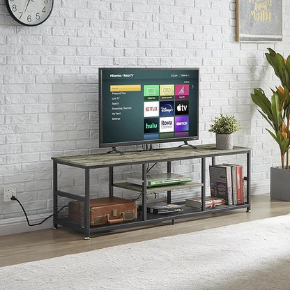 VECELO TV Stand with Power Outlets for Televisions up to 65Inch, 55" Media Entertainment Center with Charging Station 3-Tier Open Storage Shelves with Metal Frame for Living Room/Bedroom，Grey