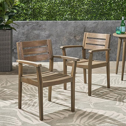 Merax Acacia Wood Dining Chairs Set of 2,Stamford Outdoor Acacia Wood Dining Chairs for Kitchen, Living Room,Outdoor,Grey