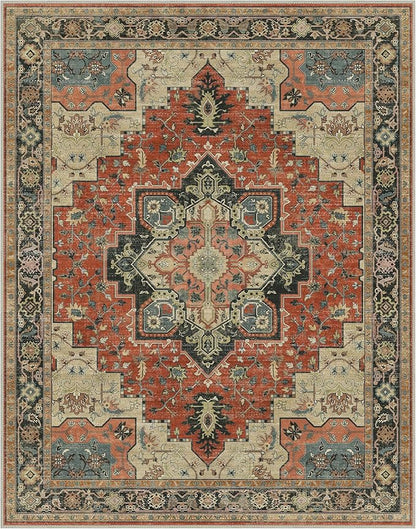 GENIMO 8x10 Area Rugs for Living Room, Machine Washable Non Slip Vintage Rugs, Low Pile Lightweight Chenille Print Rug for Bedroom, Dining Room, Home Office,Desert Ember