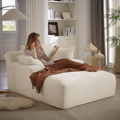 Oversized Chaise Daybed Lounge Sleeper Chair Sofa Bed Indoor, Fluffy Corduroy Upholstered Sleeper Recliner Sofabed Extra Wide Full Foam Cloud Sofabed W/3 Pillows for Home/Apartment Living Room Bedroom