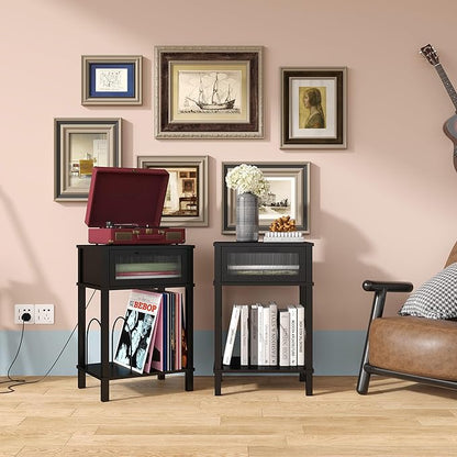 End Table with Record Player Stand, Side Table with Storage, 2-Tier Nightstand with Drawer and Record Holder, Modern Black Bedside Table for Living Room Bedroom MLBZ18B