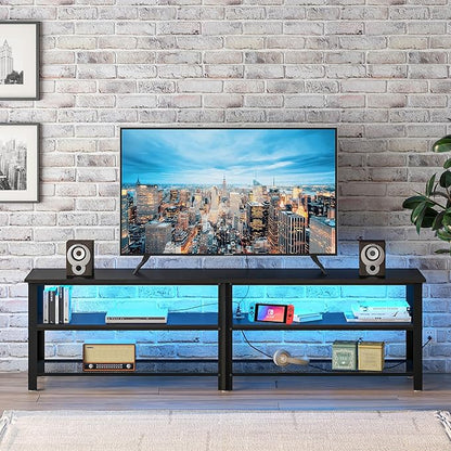 Clikuutory Modern Black 71 inch Metal TV Stand with LED Lights and Power Outlets for 50 60 65 70 75 80 Inch TVs, 3 Tier Television Stands with Entertainment Center and Storage for Living Room, Bedroom