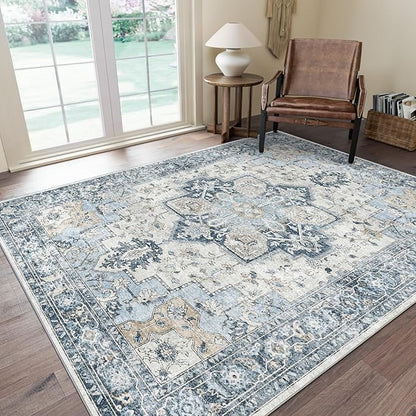 GENIMO 4x6 Area Rugs for Living Room, Machine Washable Rug, Non Slip Vintage Rugs, Low Pile Lightweight Chenille Print Rug for Bedroom, Dining Room, Home Office, Blue