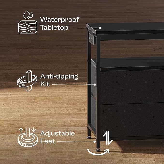 Huuger LED TV Stand for Bedroom, 55 Inch Fabric Dresser with Power Outlets, Entertainment Center for 60, 55, 50 Inch TV, 6 Drawer Dresser for Bedroom, Chest of Drawers with Shlef, PU Leather, Black