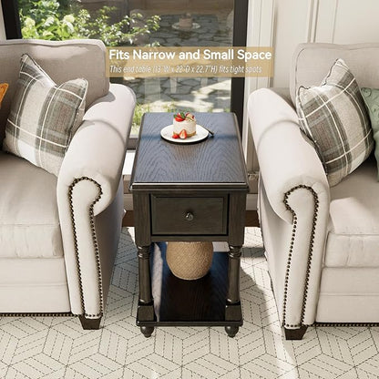 Narrow End Table with Drawer and Open Storage Shelf, Solid Wood Sofa Side Table for Living Room, Beside Table,Telephone Table for Small Spaces, No-Tools Assembly Vintage Black BBJ004BK