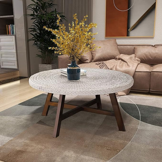 Round Coffee Table,RANDEFURN Seagrass Coffee Tables,Pine Wood X Base Frame Cocktail Table, Easy Assembled, Multiple Sizes for Living Room, Solid Wood Table,32 x 17 Inches,Whitewash