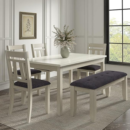 6-Piece Solid Wood Dining Table Set for 6, Modern Breakfast Dinette Kitchen Table with Bench & Chairs for Dining Room, Kitchen, Grey