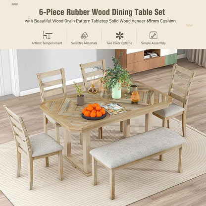 Ball & Cast 6 Piece Wood Dining Table Set with 4 Upholstered Chairs & 1 Bench,Kitchen Table and Chairs for 6 W/ 51.8" Rectangle Desk,for Restaurant,Home Bistro,Natural Wood Wash