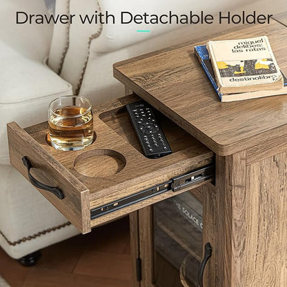 LINSY HOME End Table Set of 2 with Charging Station, Modern Farmhouse Sofa Couch Side Table, Wooden Bedside Table for Living Room, Nightstand with Storage Cabinet for Small Space, Brown, Glass Door
