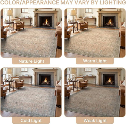 9X12 Area Rugs Machine Washable Rugs for Living Room, Vintage Boho Large Rugs for Bedroom Dining Room, Non Slip Indoor Soft Distressed Lightweight Thin Low Pile Carpet, Soft Sand