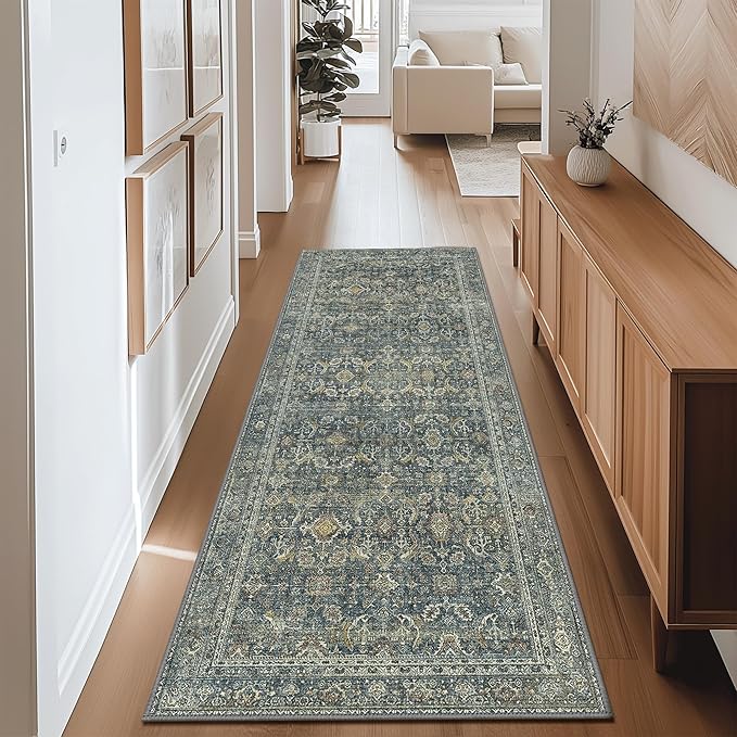 2X10 Area Rugs Machine Washable Rugs for Living Room, Vintage Boho Large Rugs for Bedroom Dining Room, Non Slip Indoor Soft Distressed Lightweight Thin Low Pile Carpet, Deep