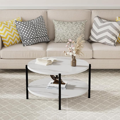 Round Coffee Table, 27.6" Circle Coffee Table for Living Room, 2-Tier Wood Accent Center Table with Open Storage Industrial Design Home Furniture, White