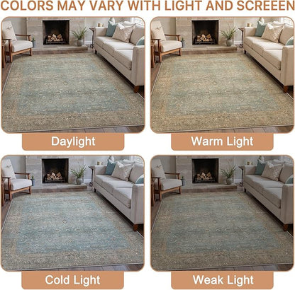 8X10 Area Rugs Machine Washable Rugs for Living Room, Vintage Boho Large Rugs for Bedroom Dining Room, Non Slip Indoor Soft Distressed Lightweight Thin Low Pile Carpet, Weathered Teal