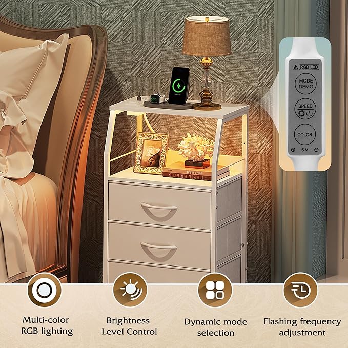 WLIVE Night Stand with Charger Station, White Nightstand with LED Light and 4 Storage Drawers, Tall Dresser for Bedroom, 37.48" H Bedside Table with Fabric Bins, Wood Shelf