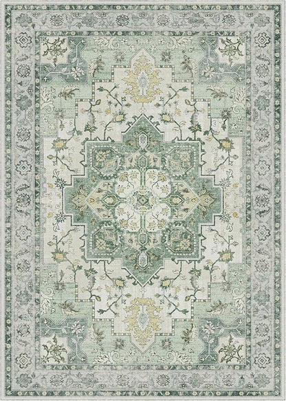 GENIMO 10x12 Area Rugs for Living Room, Machine Washable Non Slip Vintage Rugs, Low Pile Lightweight Chenille Print Rug for Bedroom, Dining Room, Home Office, Green